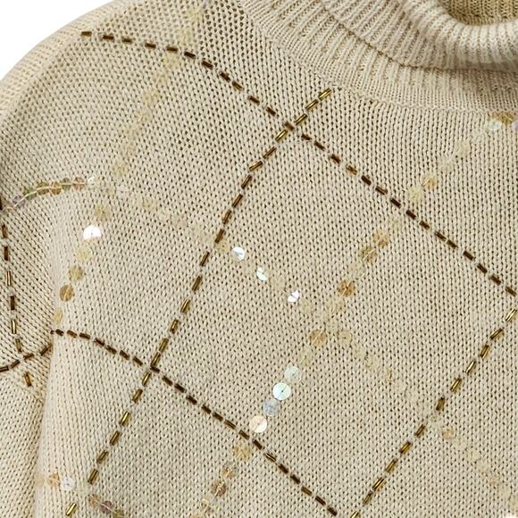 VTG HABERDASHERY WOMENS SEQUINED SWEATER BEIGE BEADED TURTLENECK SPARKLE LG - Picture 2 of 6